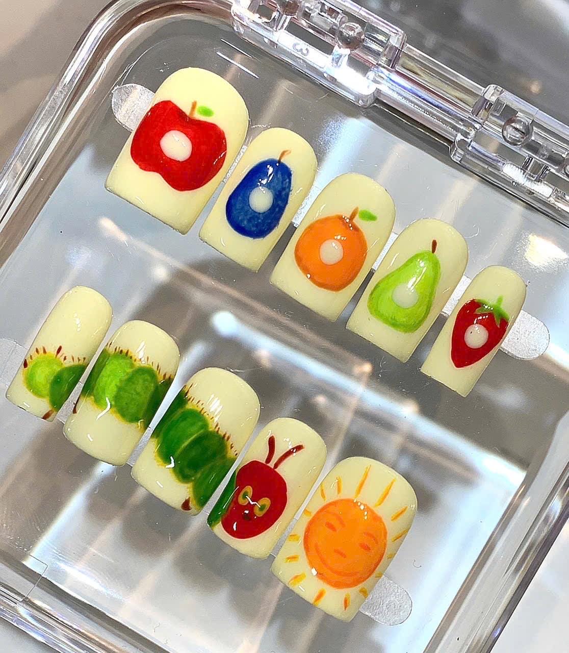 Fruit Press On Nails | Caterpillar Nail Art | Kawaii Yellow Nails Handmade