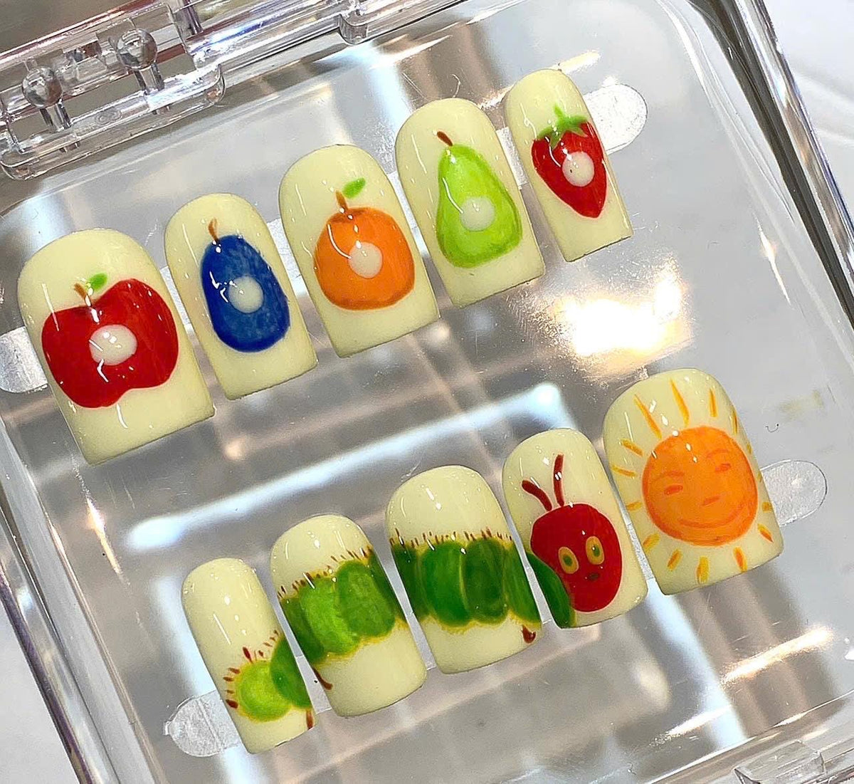 Fruit Press On Nails | Caterpillar Nail Art | Kawaii Yellow Nails Handmade