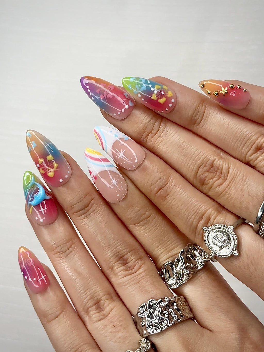 Midnight Sun Press On Nails for Y2K Lovers | Sunset Ombre Rainbow Nails with 3D Floral Art | 90s Nail Design | Artistic Press Ons | JB290HC
