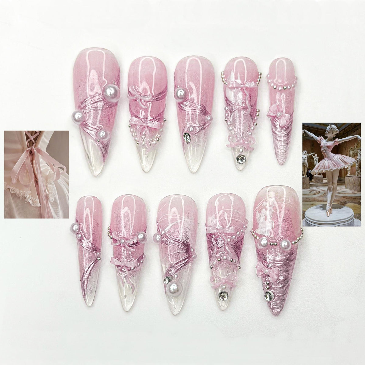 Pink Ballerina Press On Nails for Girls | Soft Blush Ombre Nails with Pearls & Ribbons | Coquette Ballet Inspired | Stiletto Nails | JB291HC