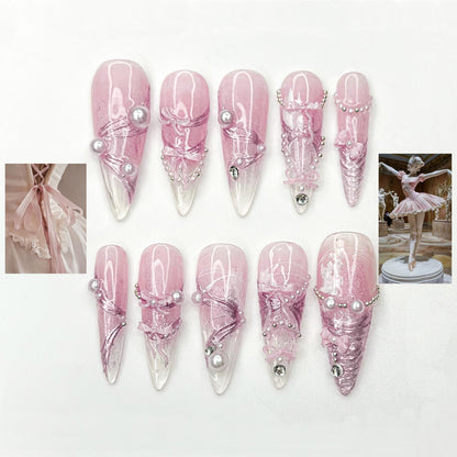 Pink Ballerina Press On Nails for Girls | Soft Blush Ombre Nails with Pearls & Ribbons | Coquette Ballet Inspired | Stiletto Nails | JB291HC