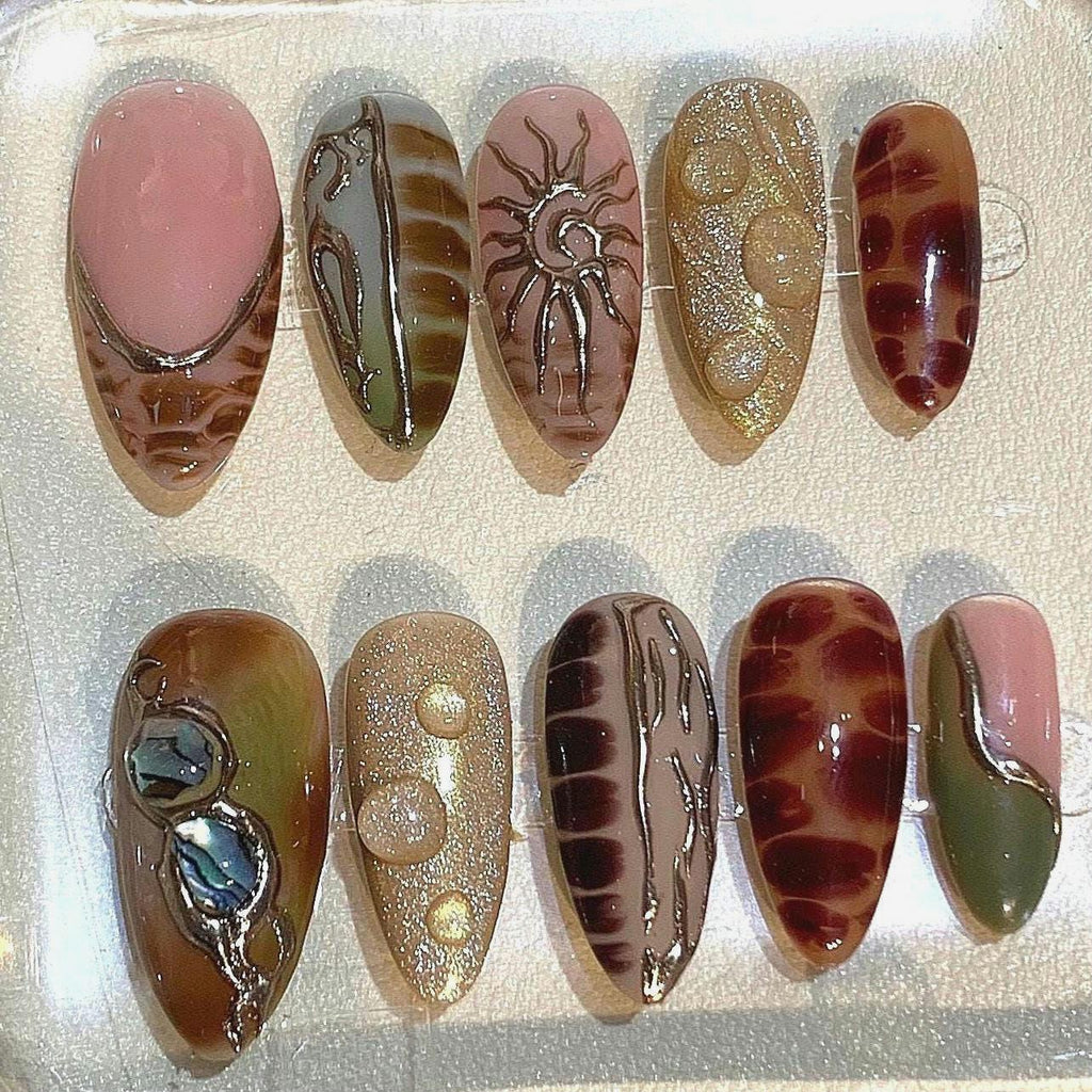 Boho Press On Nails: Gold Celestial Sun & Moon Design