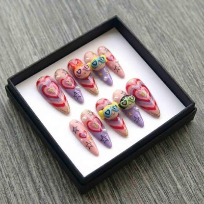 Powerpuff Girls Pink Aura Heart Press On Nails, Cute 3D Charms & Gold Star Glitter, Y2K Kawaii Cartoon Valentine Nails Set