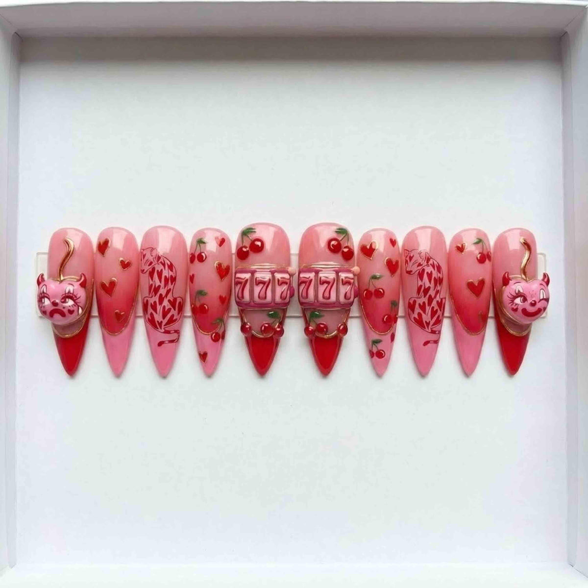 Lucky 777 Casino Pink Cherry Press On Nails, Luxury Handmade 3D Slot Machine & Leopard Art, Y2K McBling Coquette Nails Set