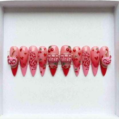 Lucky 777 Casino Pink Cherry Press On Nails, Luxury Handmade 3D Slot Machine & Leopard Art, Y2K McBling Coquette Nails Set