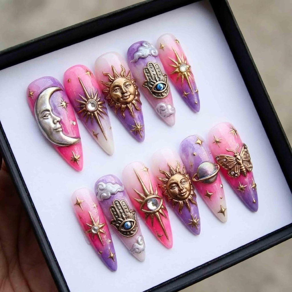 Celestial Sun Moon Hamsa Pink Purple Ombre Press On Nails, Mystical Long Stiletto 3D Gold Charms, Whimsigoth Witchy Galaxy Nails Set