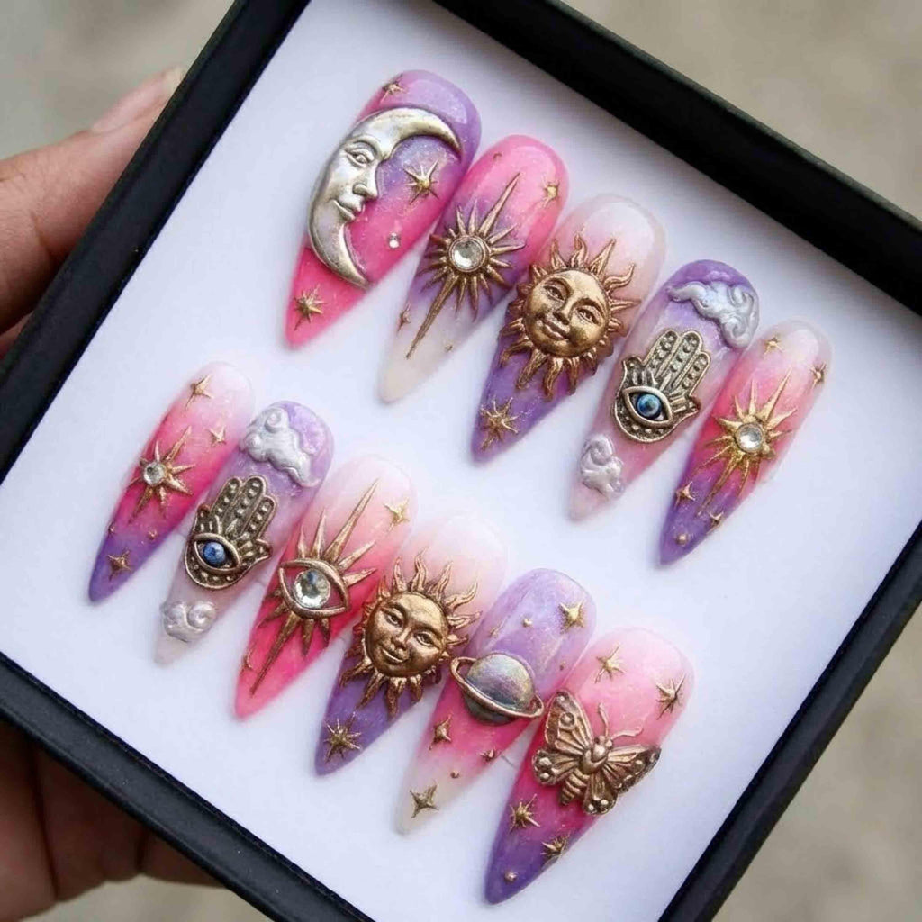 Celestial Sun Moon Hamsa Pink Purple Ombre Press On Nails, Mystical Long Stiletto 3D Gold Charms, Whimsigoth Witchy Galaxy Nails Set