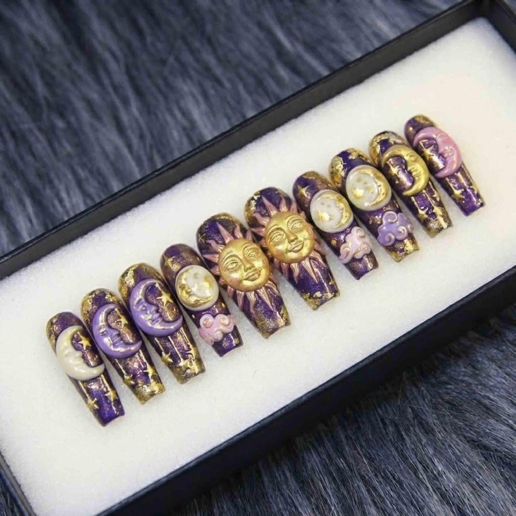 Celestial Sun Moon Purple Gold Press On Nails, Luxury 3D Chrome Charm Art, Mystic Witchy Galaxy Nails Set