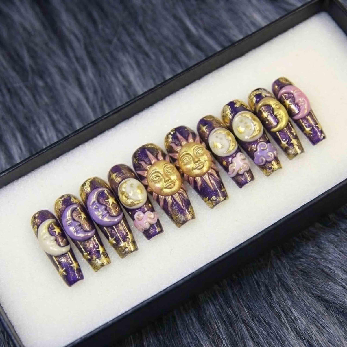 Celestial Sun Moon Purple Gold Press On Nails, Luxury 3D Chrome Charm Art, Mystic Witchy Galaxy Nails Set