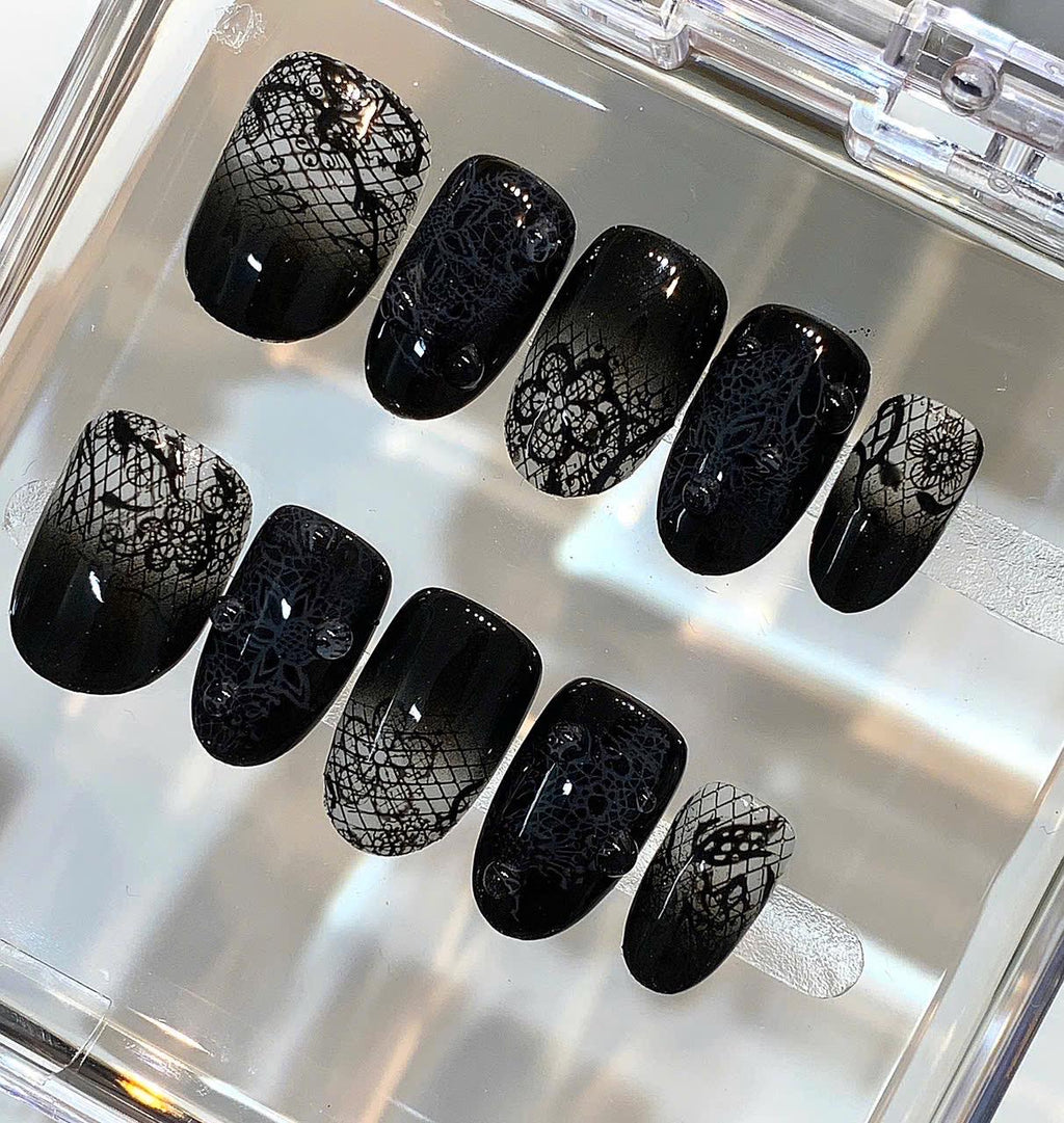 Black Lace Ombre Press On Nails | Gothic Witchy False Nail Art