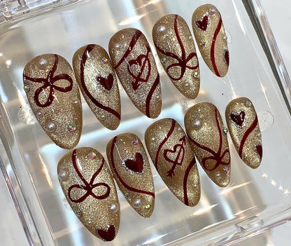 Gold Glitter Heart Press On Nails | Red Bow Pearl Valentine Nail Set