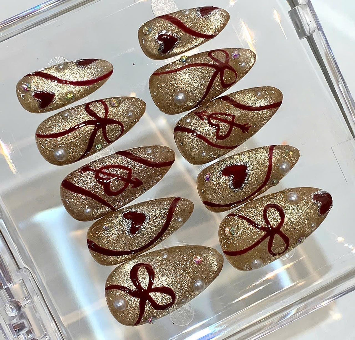 Gold Glitter Heart Press On Nails | Red Bow Pearl Valentine Nail Set