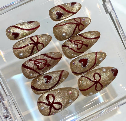 Gold Glitter Heart Press On Nails | Red Bow Pearl Valentine Nail Set
