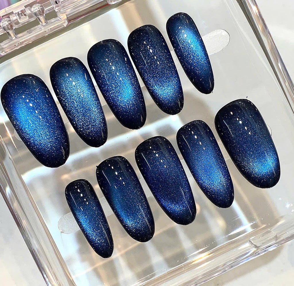 Blue Cat Eye Press On Nails | Galaxy Shimmer, Handmade False Nails