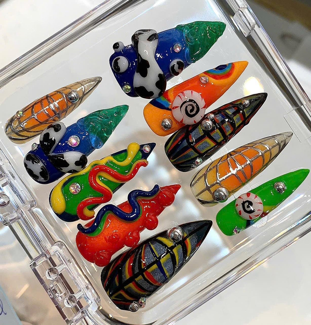 Colorful 3D Press On Nails | Abstract Funky Nail Art | Y2K Statement Nails Handmade