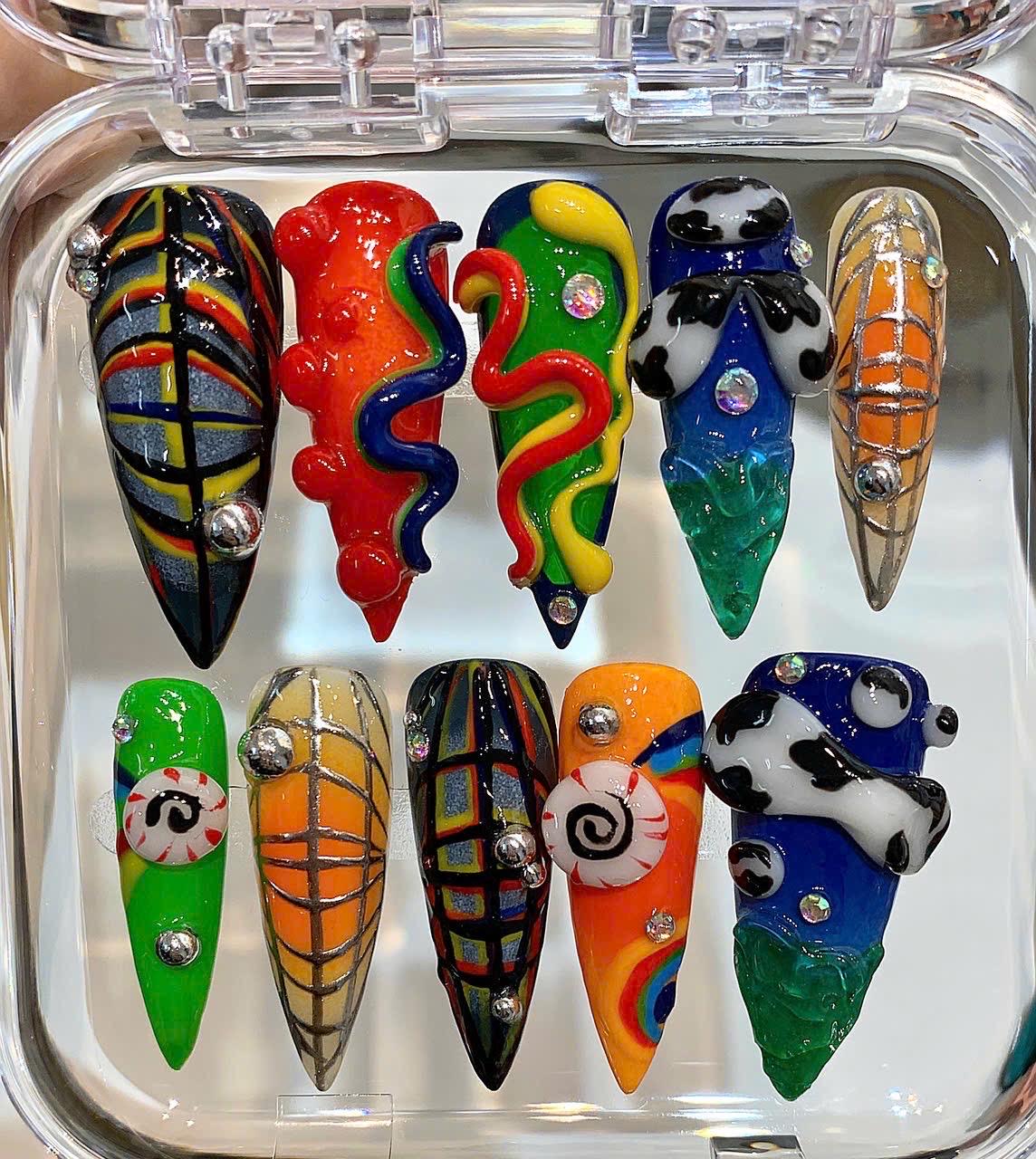Colorful 3D Press On Nails | Abstract Funky Nail Art | Y2K Statement Nails Handmade