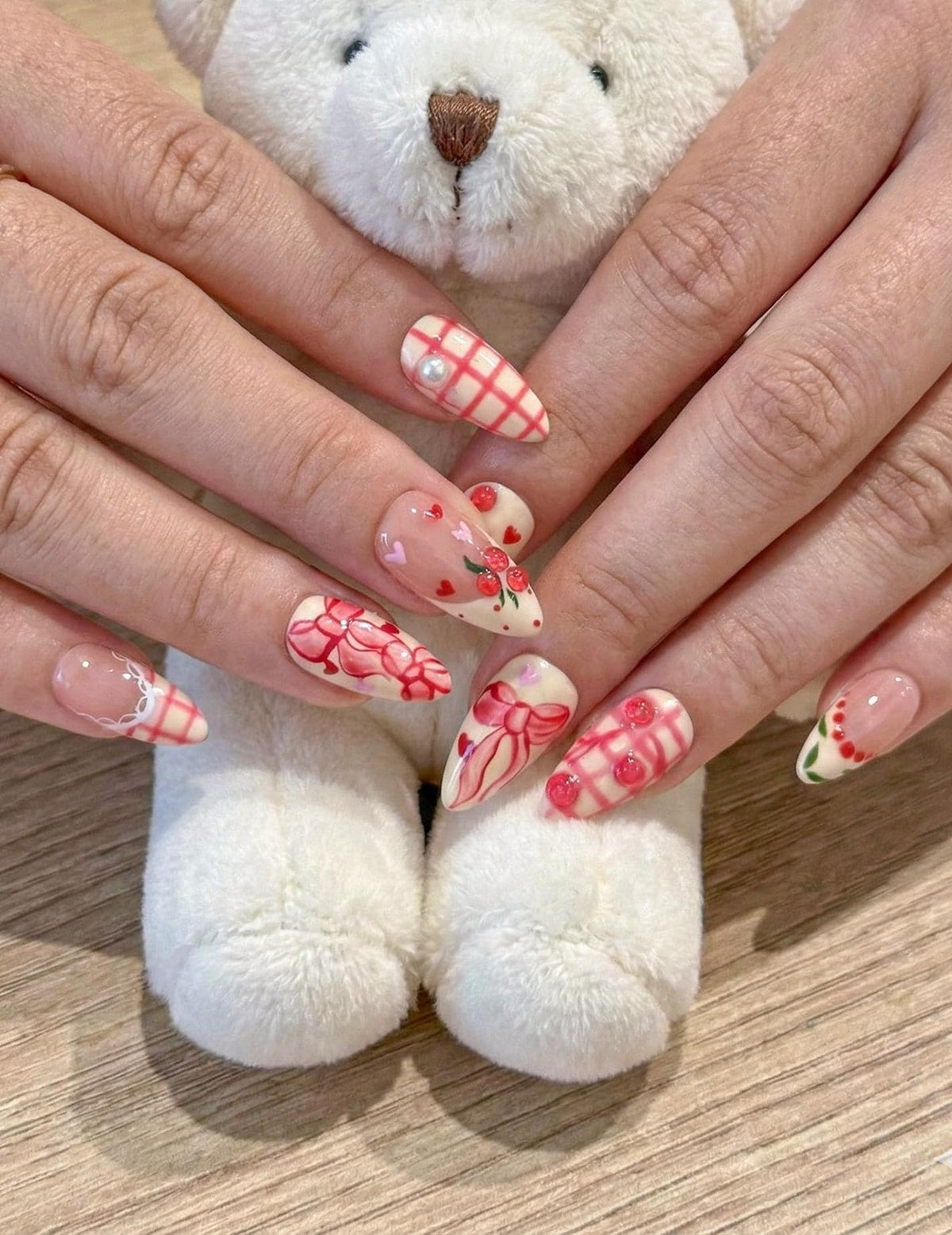 Cherry Cute Hearts Press On Nails for Valentine Days | Handmade Nude Pink Ribbon Fake Nails | Sweet Cherry Heart Nail Art | JB283EC