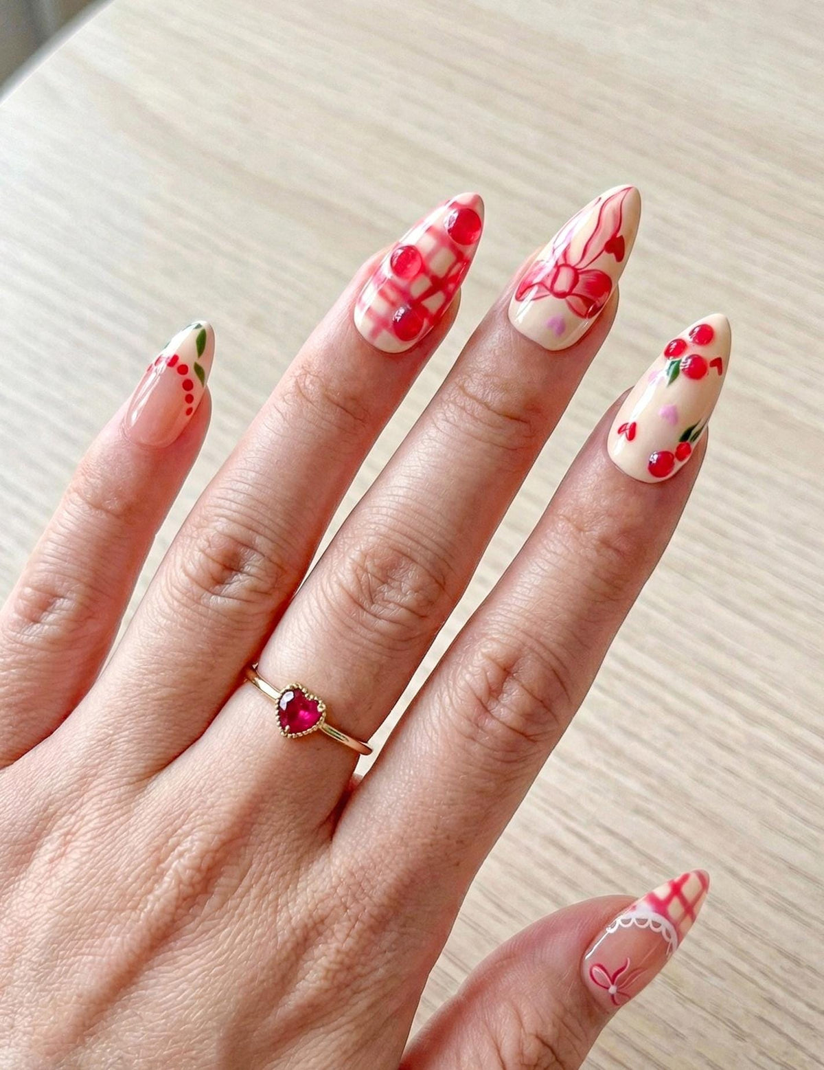 Cherry Cute Hearts Press On Nails for Valentine Days | Handmade Nude Pink Ribbon Fake Nails | Sweet Cherry Heart Nail Art | JB283EC