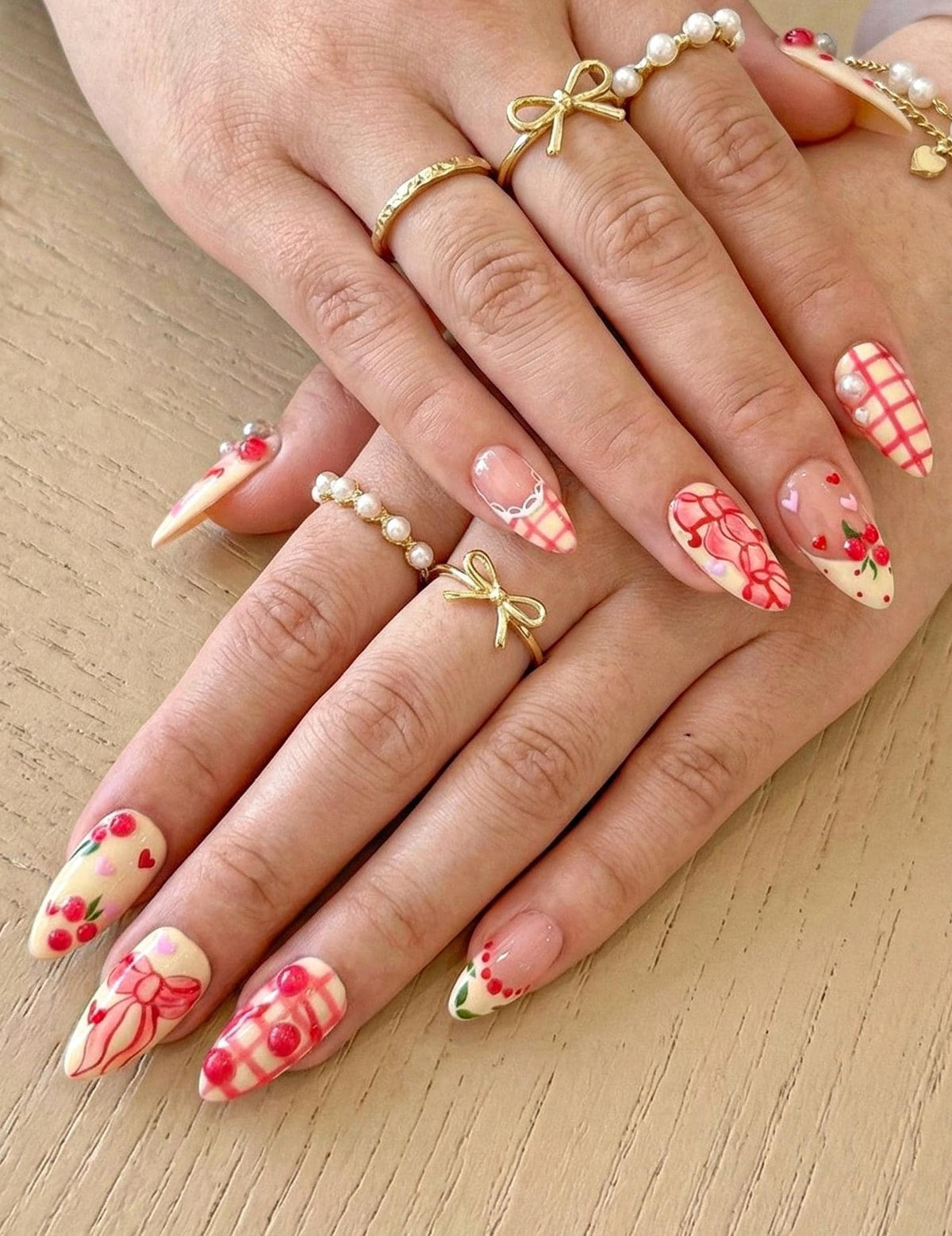 Cherry Cute Hearts Press On Nails for Valentine Days | Handmade Nude Pink Ribbon Fake Nails | Sweet Cherry Heart Nail Art | JB283EC