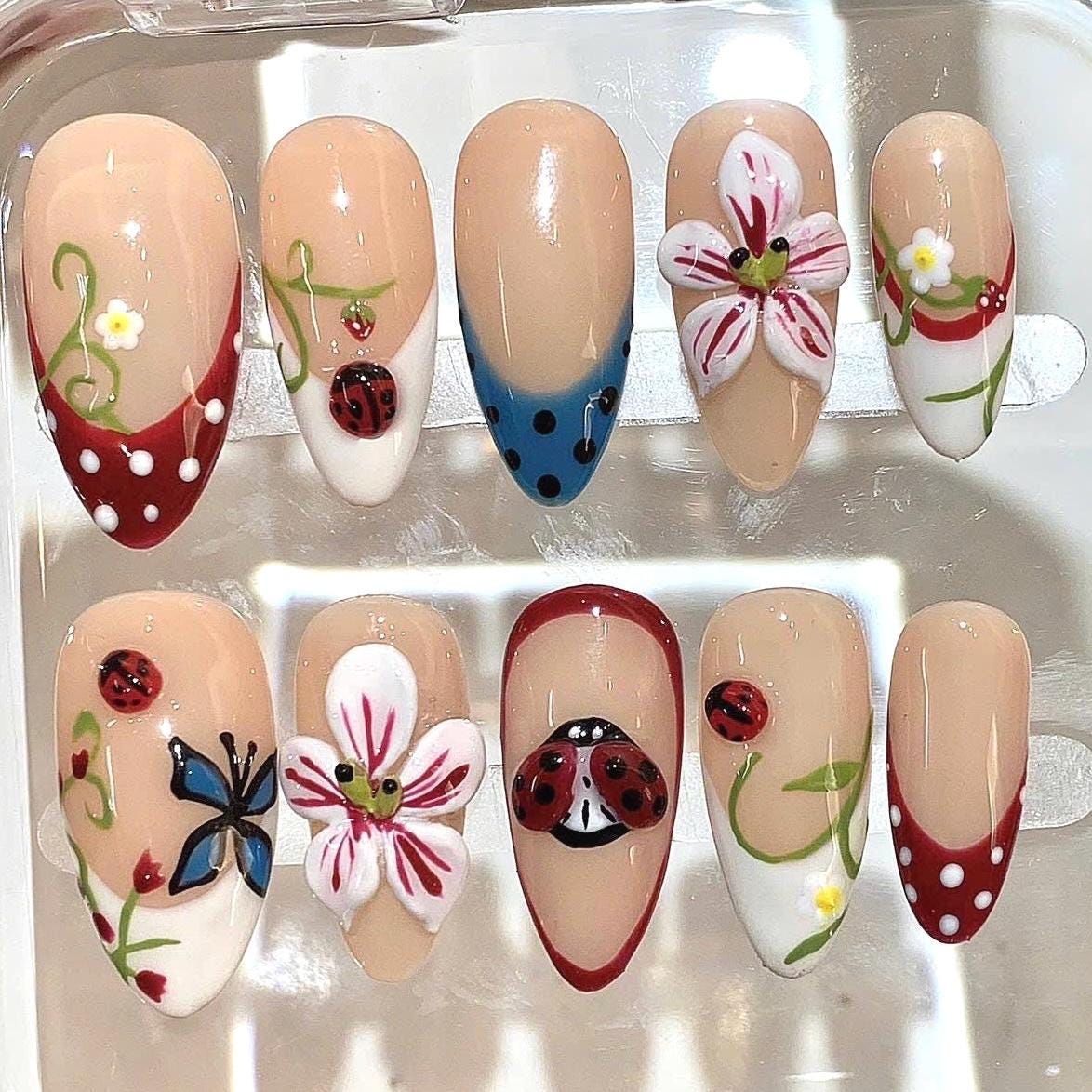 3D Ladybug Press On Nails | Floral Nature Nails | Handmade Nude Press On | Spring Garden Nail Set