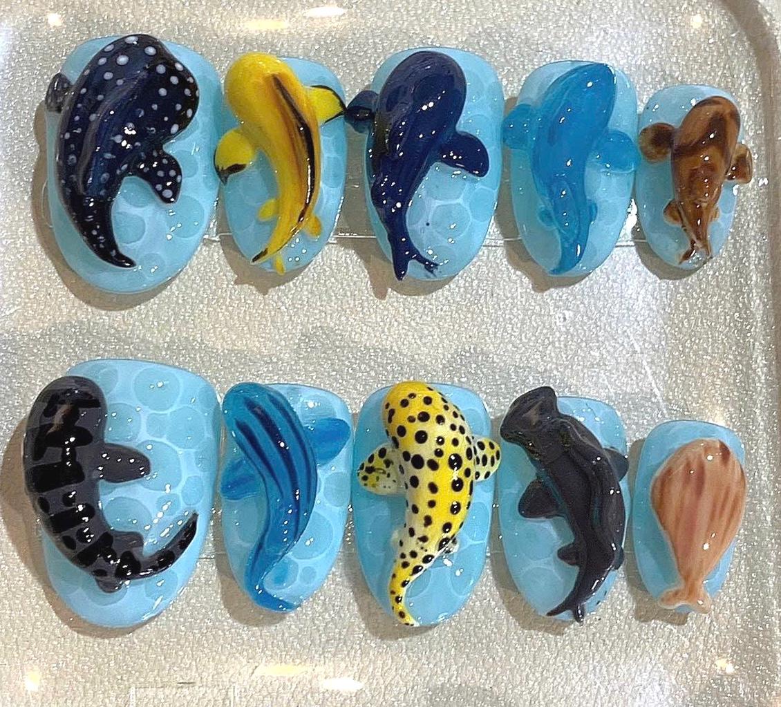 3D Ocean Animal Press On Nails: Handmade Marine Life Nail Art