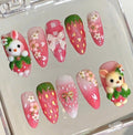 3D Kawaii Strawberry Press On Nails: Bunny Bear Sakura Nail Art