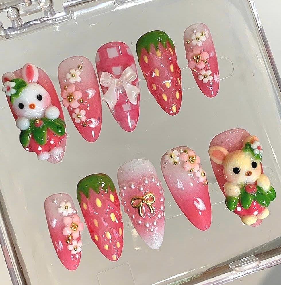 3D Kawaii Strawberry Press On Nails: Bunny Bear Sakura Nail Art