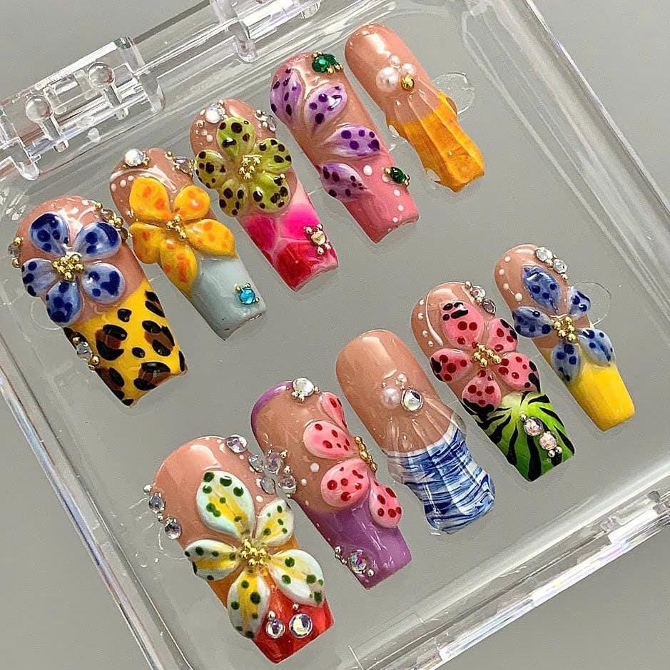 3D Flower Press On Nails: Wild Floral Leopard Print, Handmade