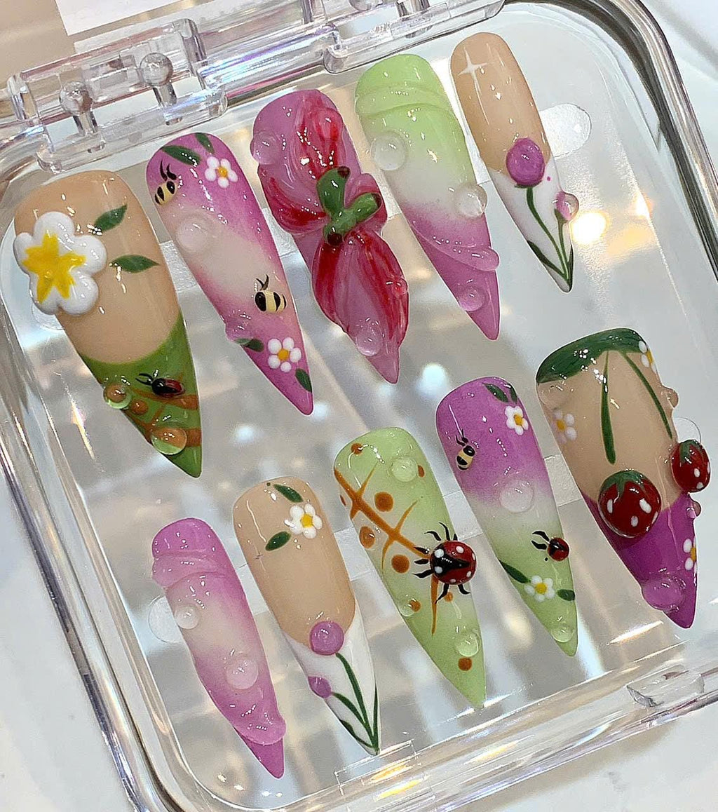 3D Ladybug Press On Nails: Strawberry Floral Stiletto Nail Art