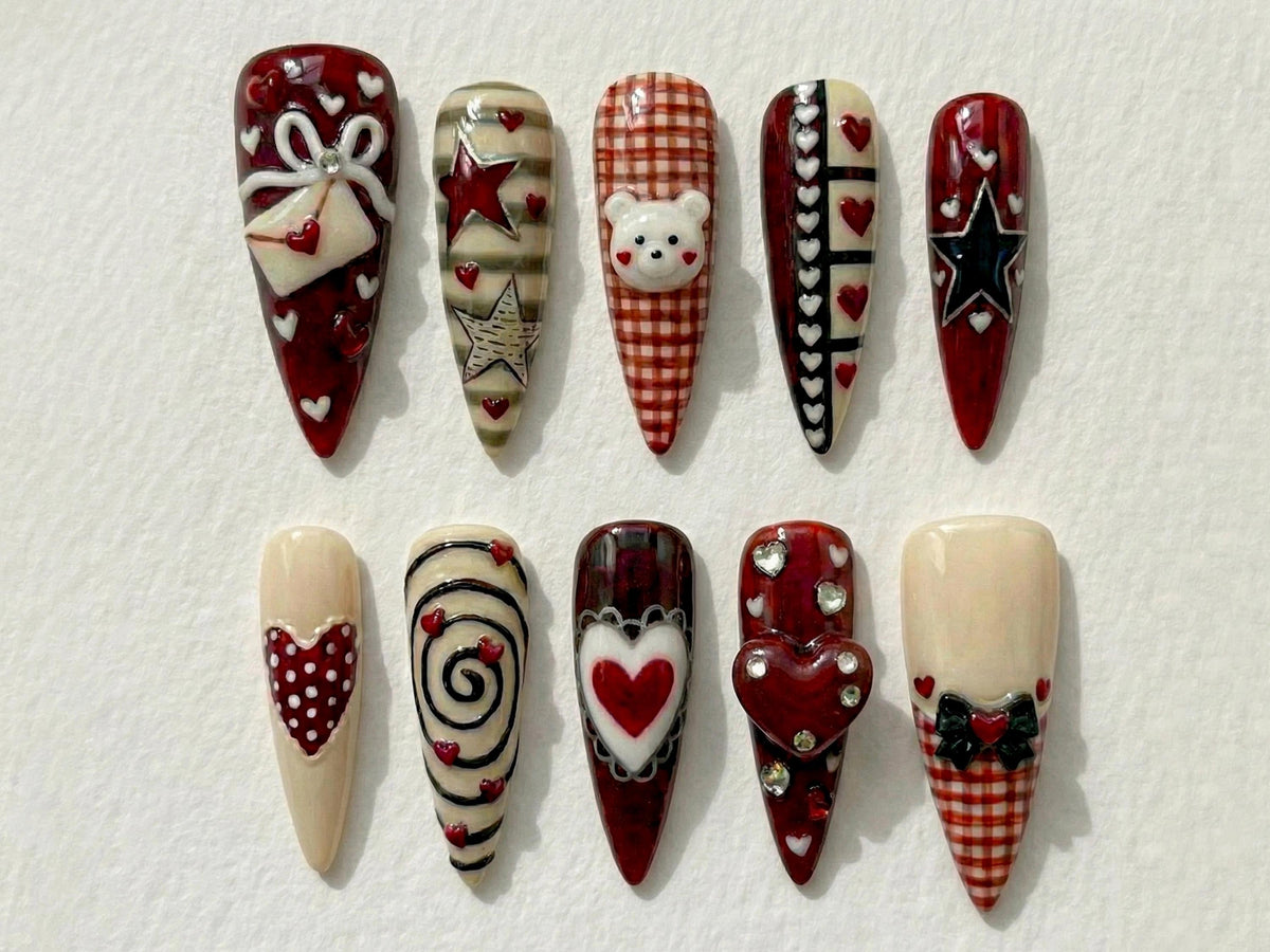 Sweet Cherry Valentine Press On Nails for Valentine Days | Handmade Pink Bow & Heart Fake Nails | Soft Nude Romantic Nail Art  | JB284E
