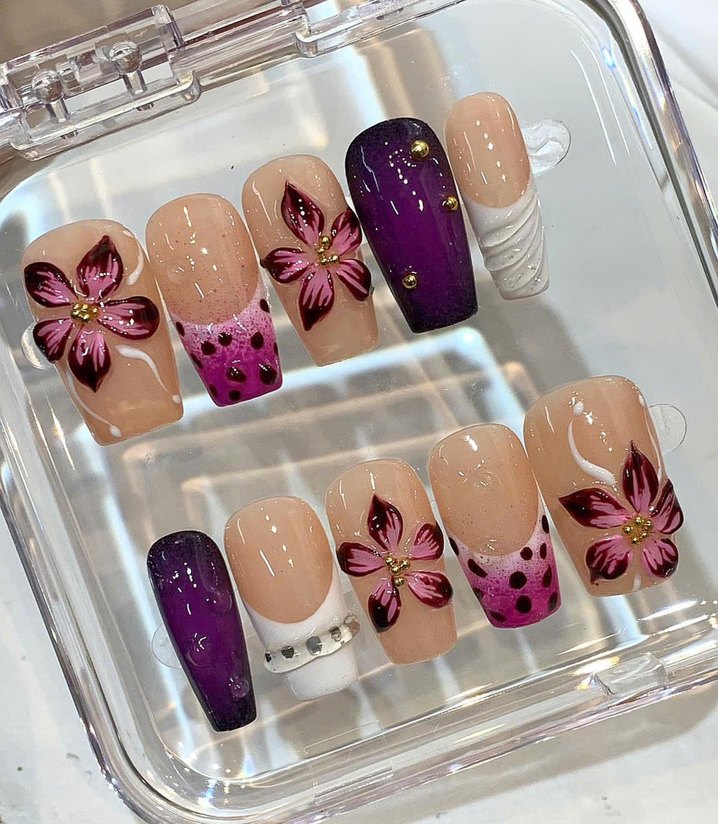 3D Floral Press On Nails | Burgundy Flower, Purple Ombre