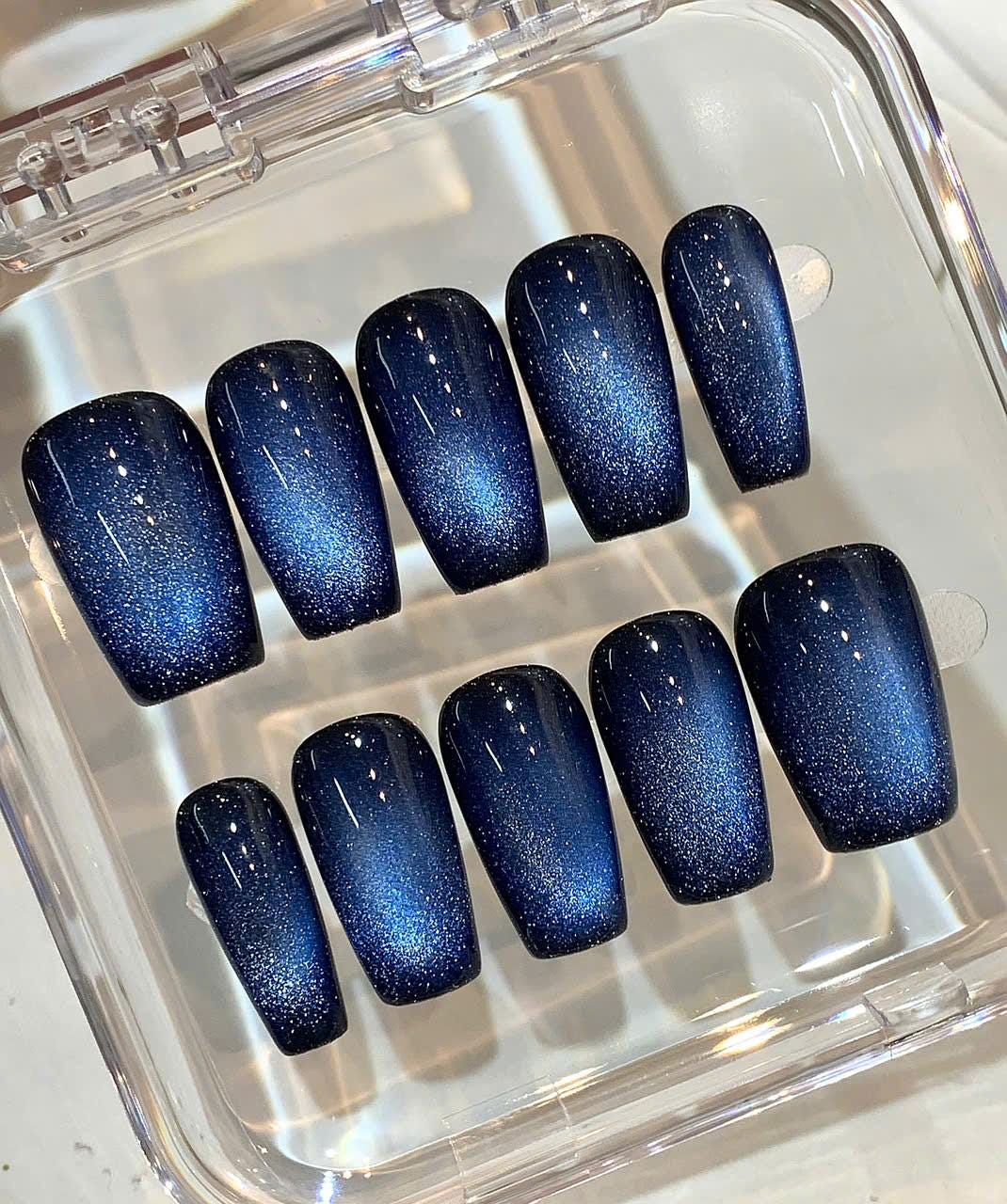Blue Cat Eye Press On Nails | Galaxy Shimmer, Handmade False Nails