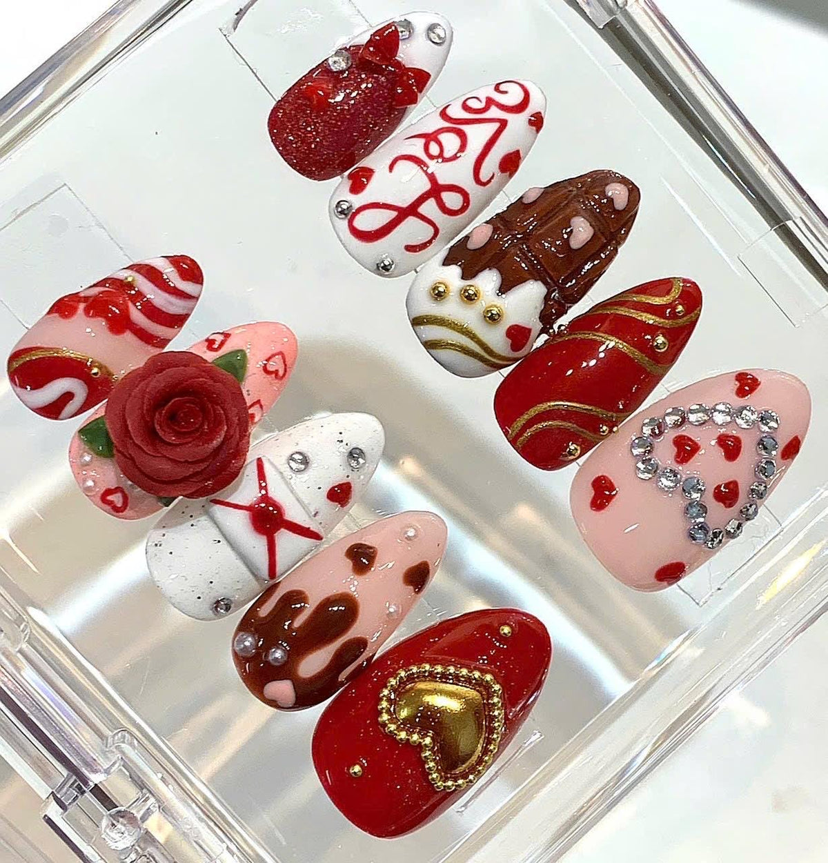 Valentine Press On Nails | Red Heart Love Nails | 3D Rose Chocolate Nail Art