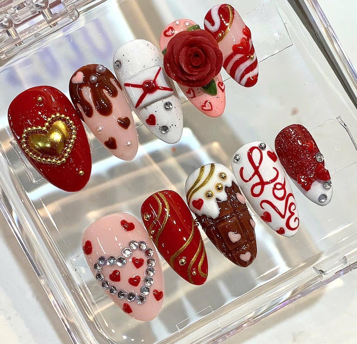 Valentine Press On Nails | Red Heart Love Nails | 3D Rose Chocolate Nail Art