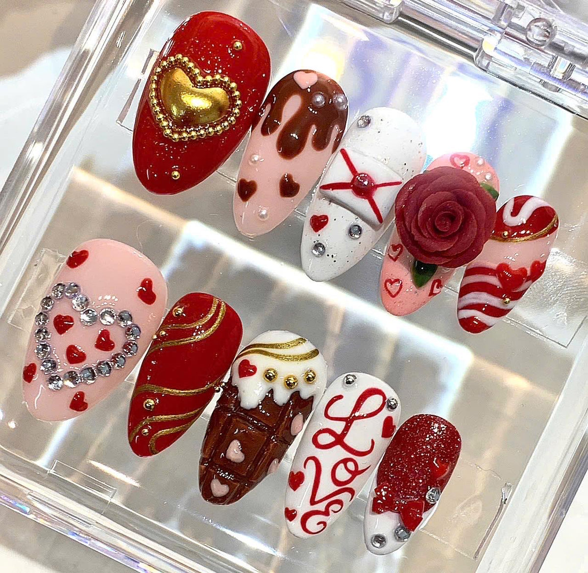 Valentine Press On Nails | Red Heart Love Nails | 3D Rose Chocolate Nail Art