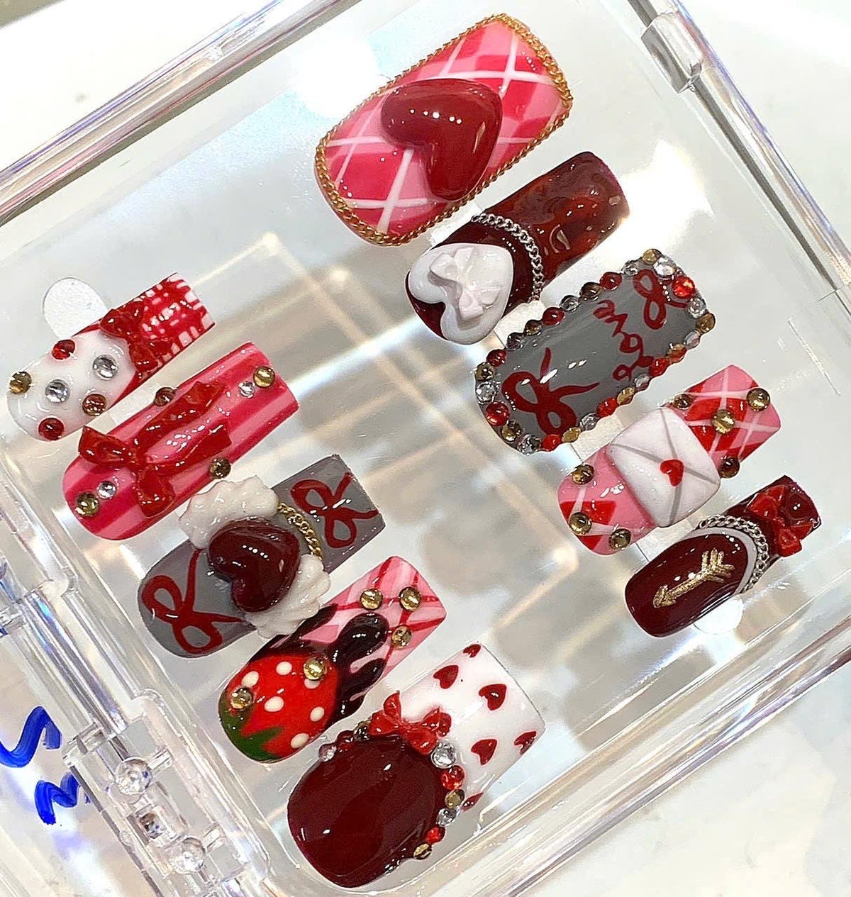 Valentine Press On Nails | Red Pink Heart Nails | Love Bow Chocolate Nail Art