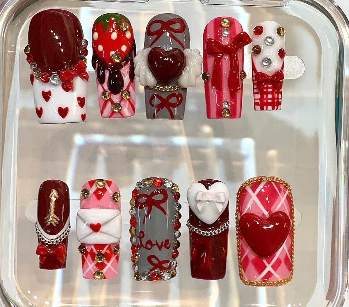 Valentine Press On Nails | Red Pink Heart Nails | Love Bow Chocolate Nail Art