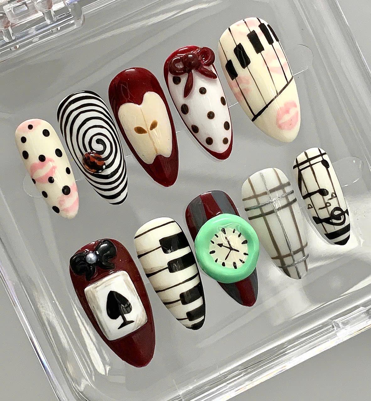 Artistic Press On Nails | Piano, Clock, & Playing Card Designs