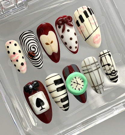 Artistic Press On Nails | Piano, Clock, & Playing Card Designs