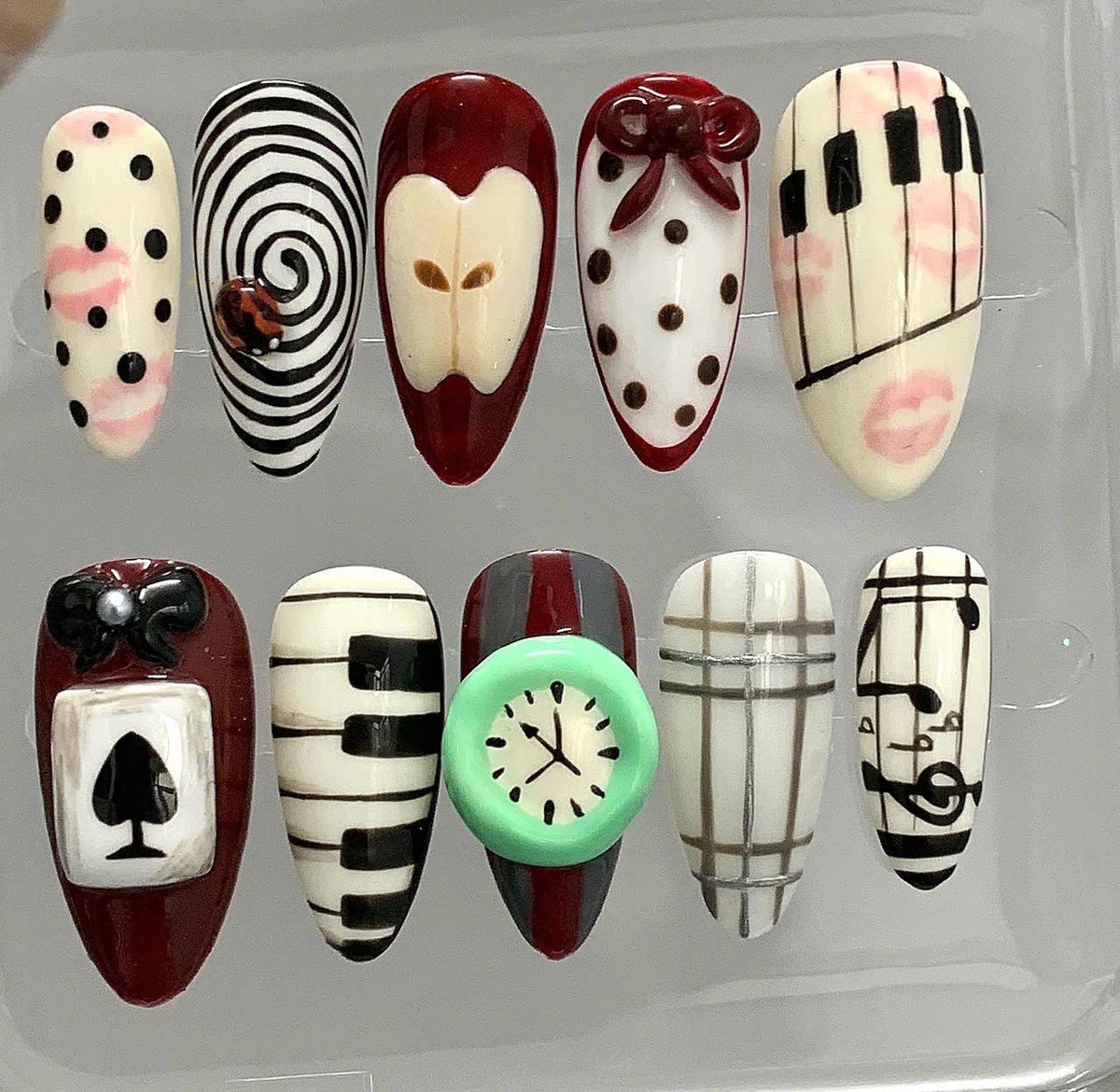 Artistic Press On Nails | Piano, Clock, & Playing Card Designs
