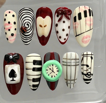 Artistic Press On Nails | Piano, Clock, & Playing Card Designs