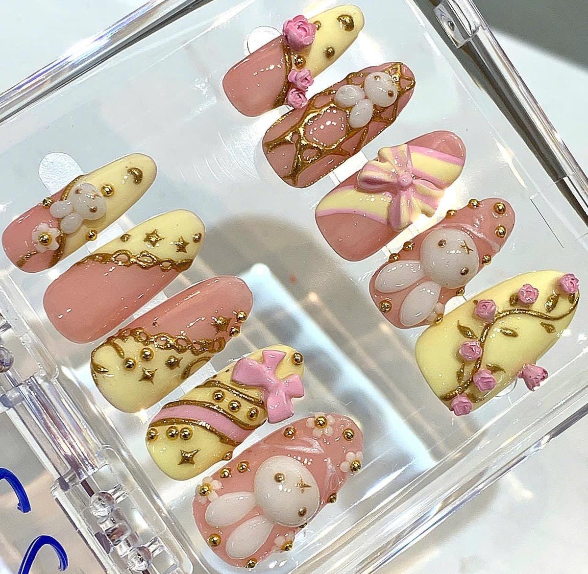 Bunny Press On Nails | Pastel Pink Yellow 3D Nail Art | Kawaii Luxury Handmade Nails