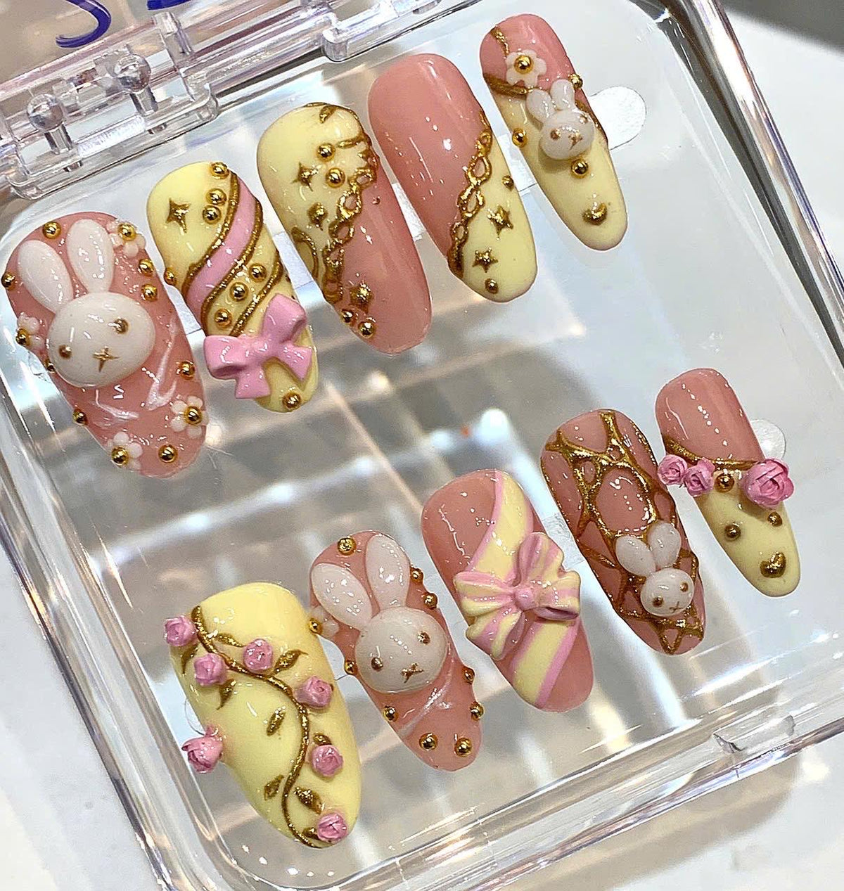 Bunny Press On Nails | Pastel Pink Yellow 3D Nail Art | Kawaii Luxury Handmade Nails