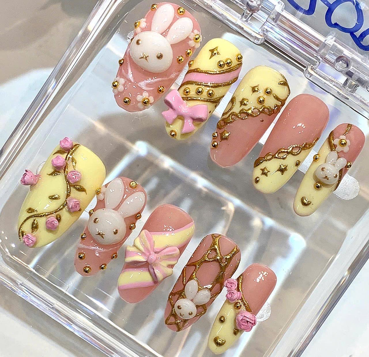 Bunny Press On Nails | Pastel Pink Yellow 3D Nail Art | Kawaii Luxury Handmade Nails