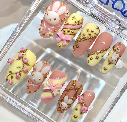 Bunny Press On Nails | Pastel Pink Yellow 3D Nail Art | Kawaii Luxury Handmade Nails
