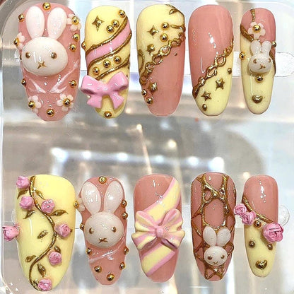 Bunny Press On Nails | Pastel Pink Yellow 3D Nail Art | Kawaii Luxury Handmade Nails