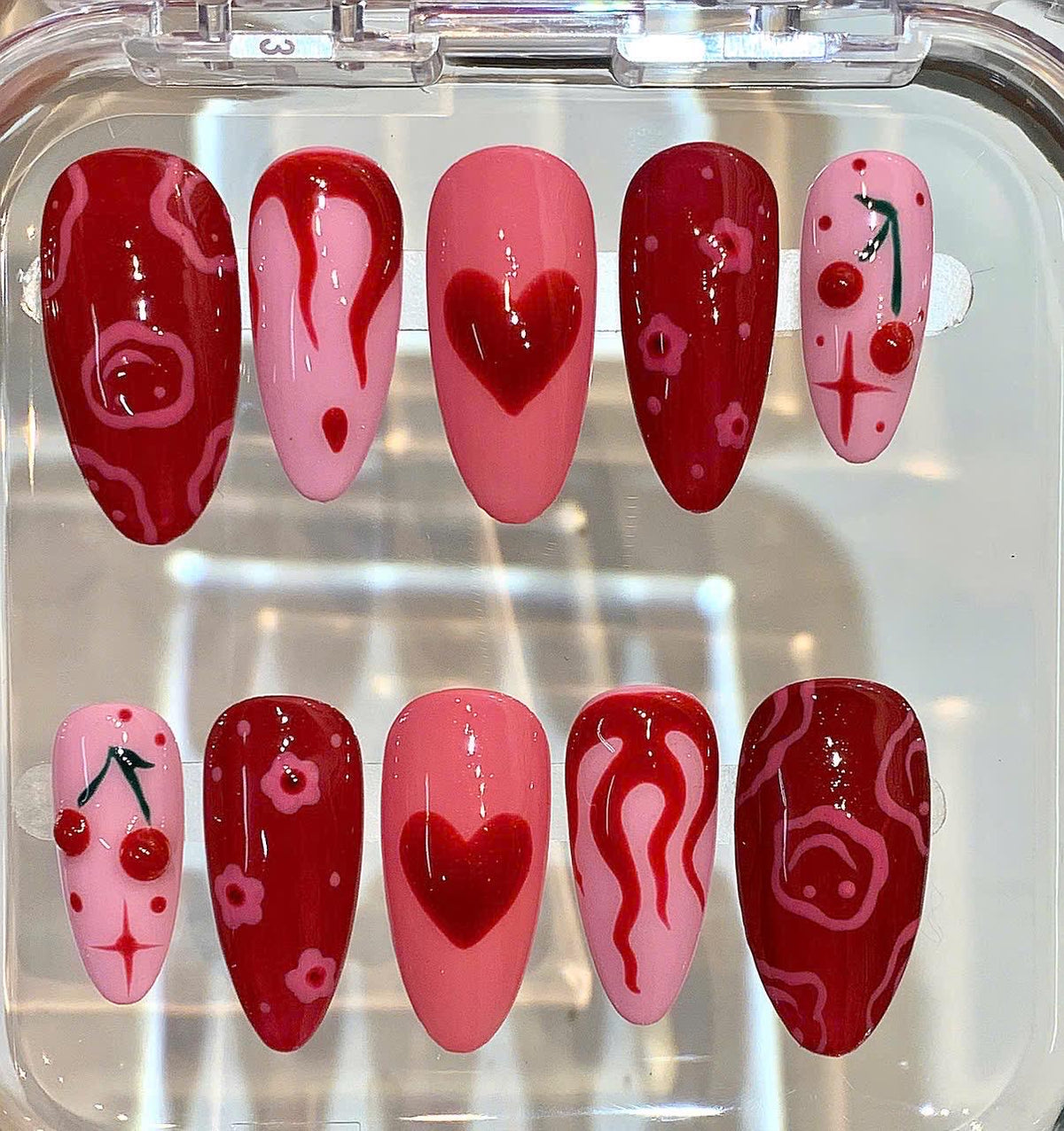 Cherry Heart Press On Nails | Y2K Valentine's Day, Red & Pink