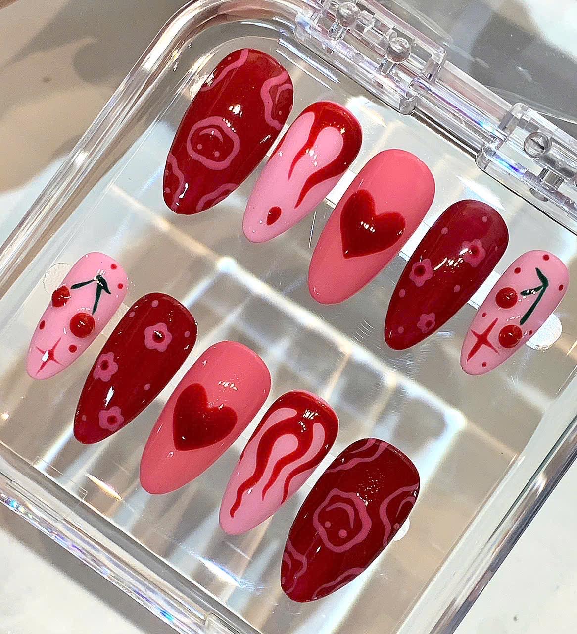 Cherry Heart Press On Nails | Y2K Valentine's Day, Red & Pink