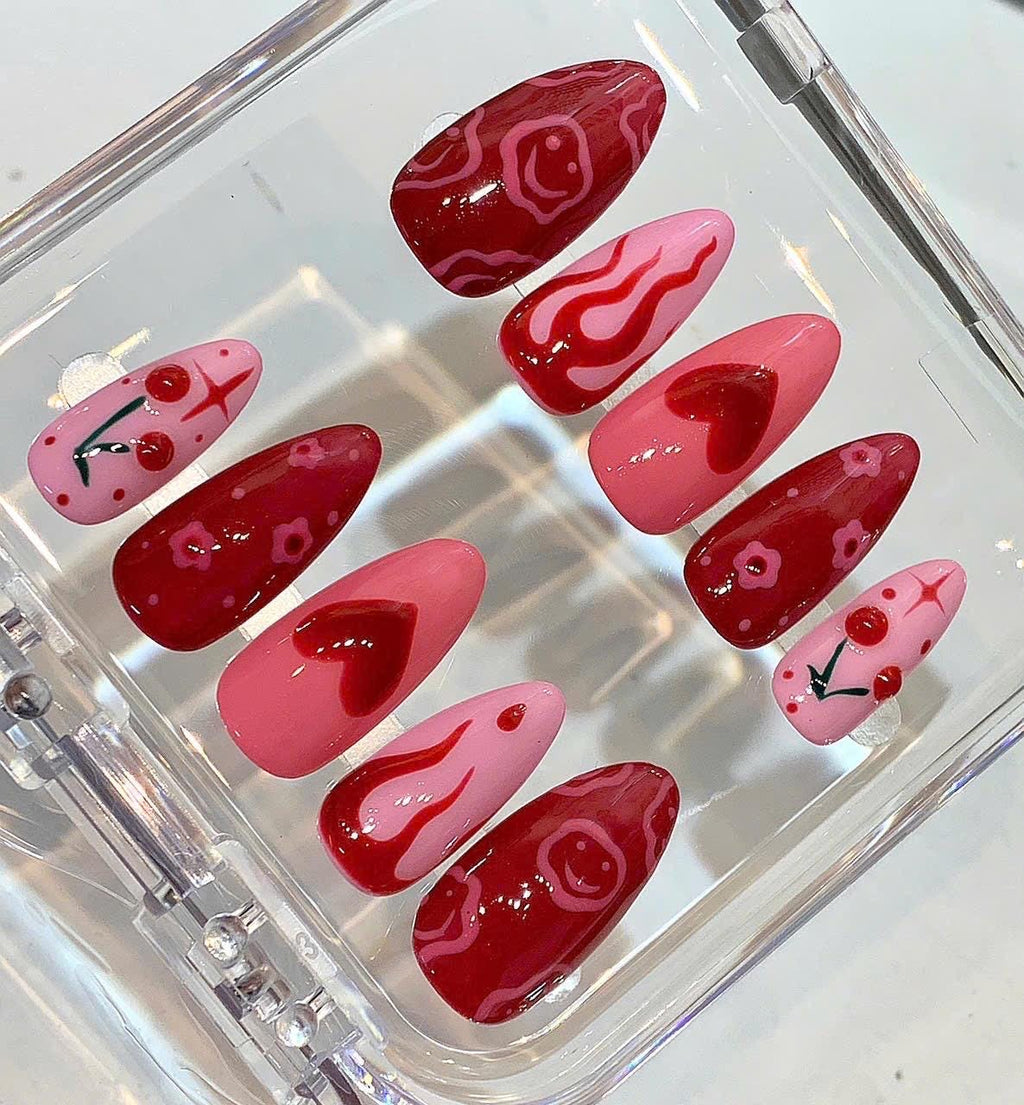 Cherry Heart Press On Nails | Y2K Valentine's Day, Red & Pink