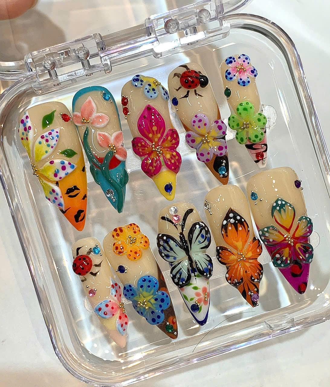 Flower Butterfly Press On Nails: 3D Floral Garden Nail Art
